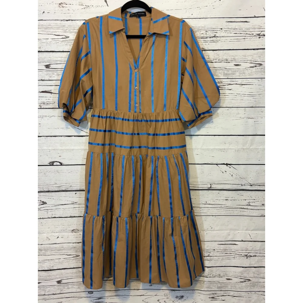 English Factory Tan and Blue Striped Midi Dress - Picture 2 of 9